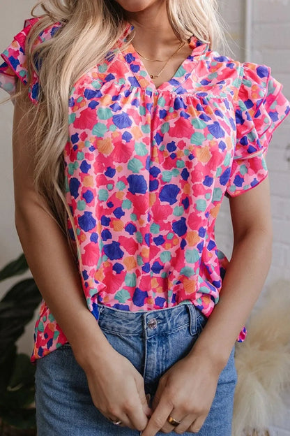 Abstract Print Ruffled Sleeve Notched Blouse – Floral for Shopify Collective (5 view)