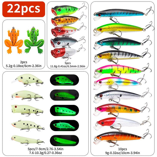 22pc Lure Kit – Hard & Soft Baits, Popper, Minnow, Frog, – Fishing Gear by SbrTnHomes