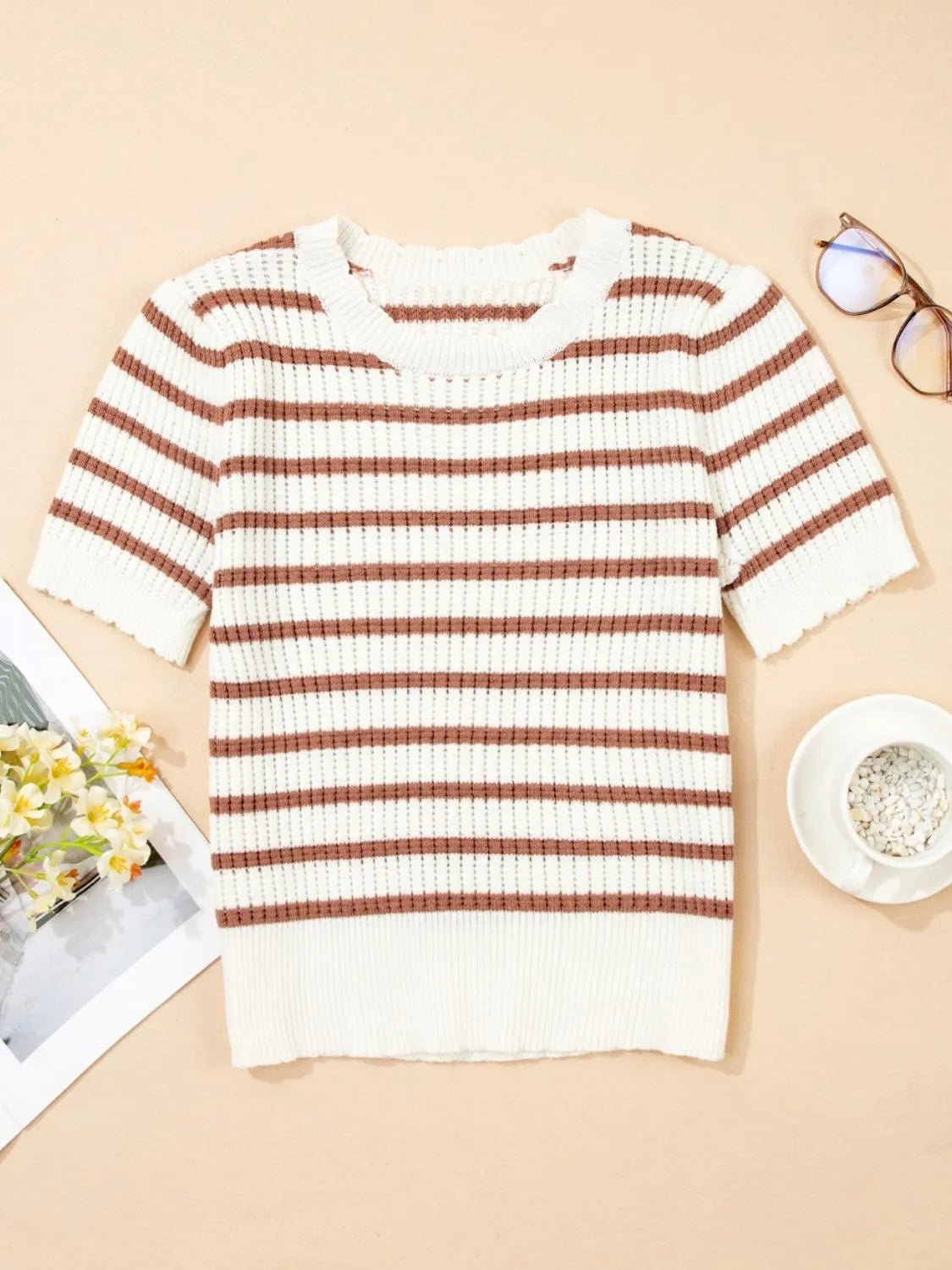 Stripe Scalloped Round Neck Short Sleeve Sweater – Caramel by Simply Love