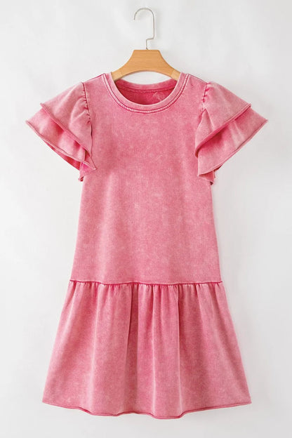 Mineral Wash Raw Edge Ruffle Mini Dress – Dusty Pink by Simply Love