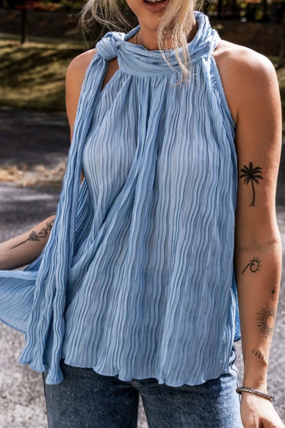 Textured Pleated Tied Mock Neck Flowy Tank Top – Dusty Blue for Shopify Collective (4 view)