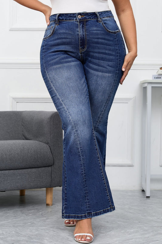 Aila Dark Blue Plus Size Stitching Flare Jeans – Dark Blue Plus Size/Plus Size Bottoms for glowup (1 view)