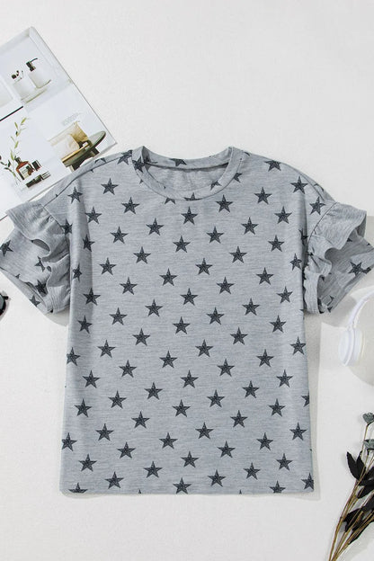 Star Print Tiered Ruffled Sleeve Crew Neck T Shirt – Gray by Simply Love