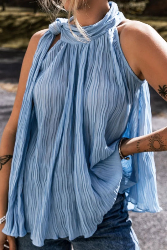 Textured Pleated Tied Mock Neck Flowy Tank Top – Dusty Blue for Shopify Collective (1 view)