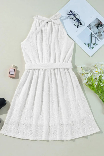 Lace Sleeveless Tied Waist Mini Dress – White for Shopify Collective (10 view)