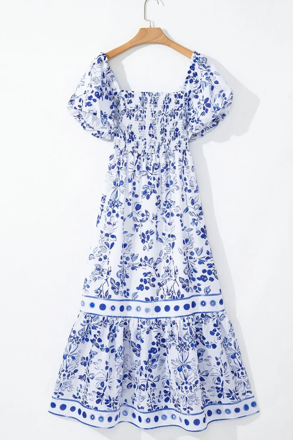 Smocked Printed Square Neck Puff Sleeve Dress – Royal Blue by Simply Love