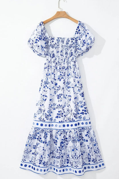 Smocked Printed Square Neck Puff Sleeve Dress – Royal Blue by Simply Love