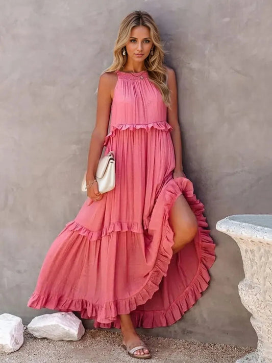 Ruffled Sleeveless Tiered Maxi Dress with Pockets – Watermelon pink for Shopify Collective (1 view)