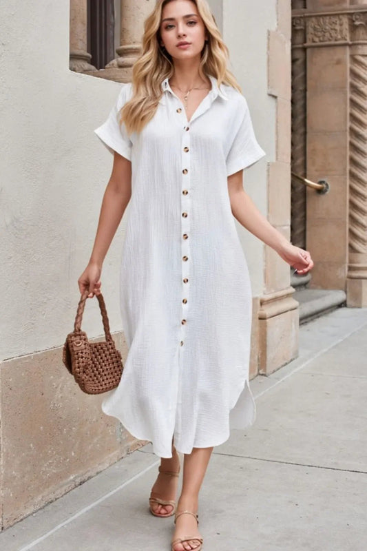Button Down Short Sleeve Midi Shirt Dress – White for Shopify Collective (1 view)