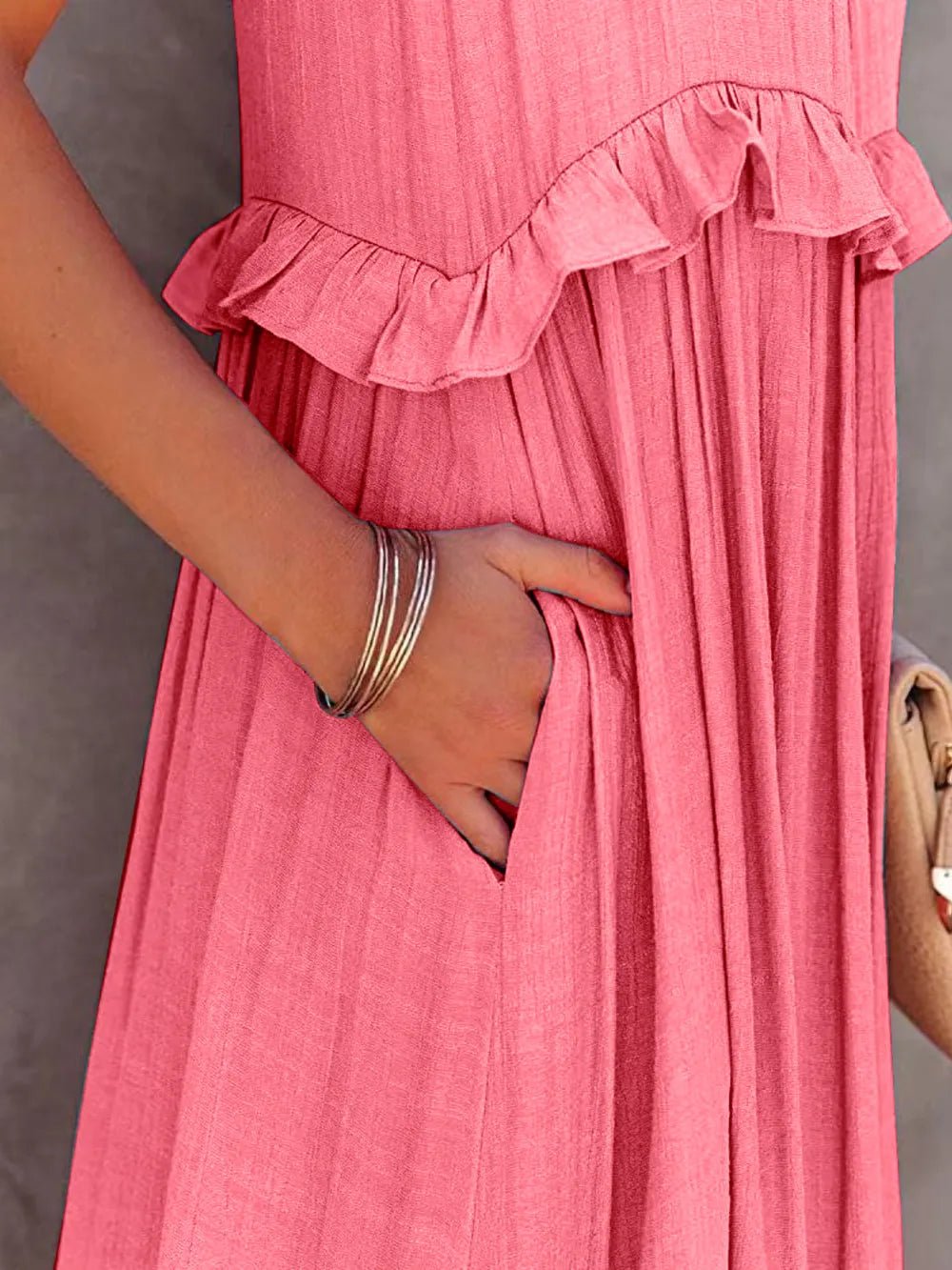 Ruffled Sleeveless Tiered Maxi Dress with Pockets – Watermelon pink for Shopify Collective (2 view)