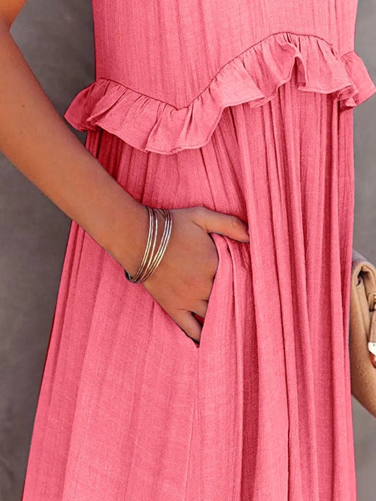 Ruffled Sleeveless Tiered Maxi Dress with Pockets – Watermelon pink for Shopify Collective (2 view)