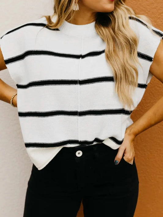 Striped Batwing Sleeve Knit Top – White by Simply Love