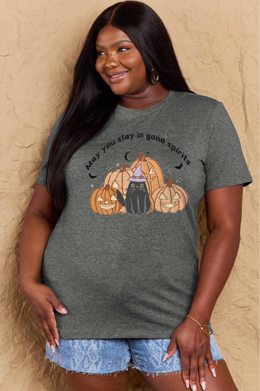 Simply Love Full Size MAY YOU STAY IN GOOD SPIRITS Graphic Cotton T-Shirt – Charcoal Women's Top for Shopify Collective (1 view)