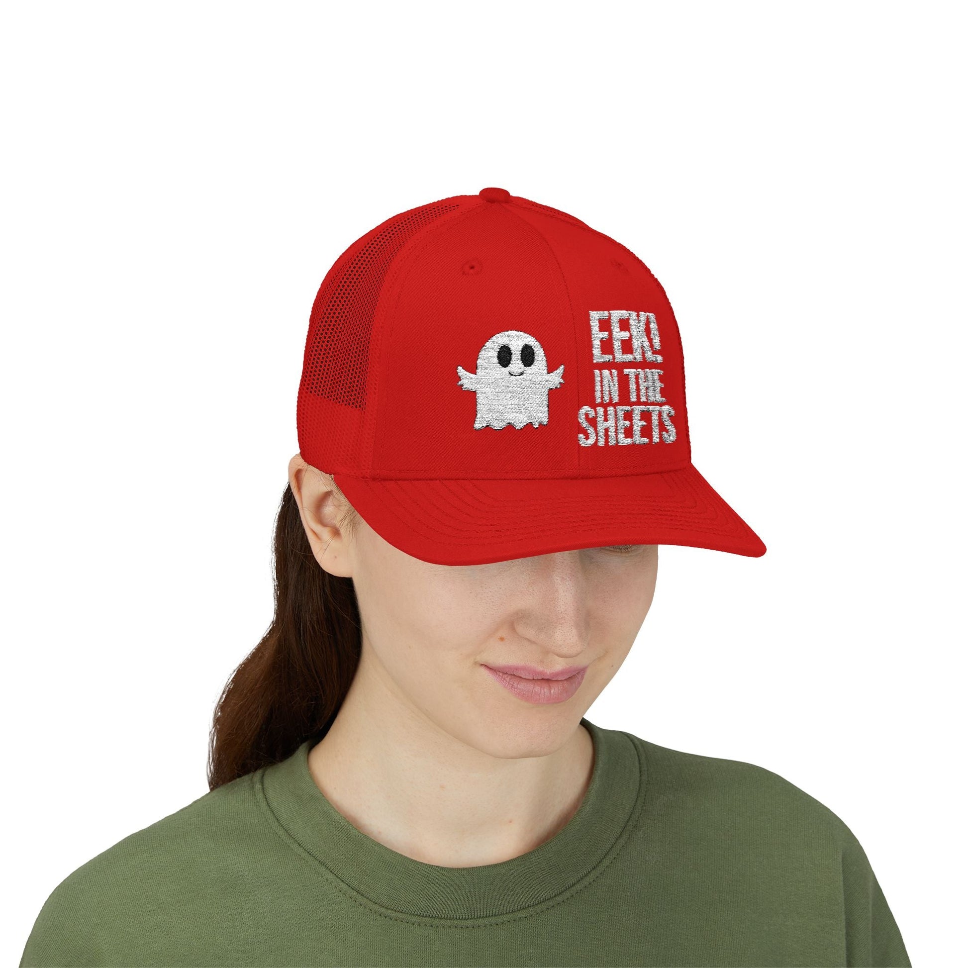 Eek in the Sheets Ghost Hat – Cute Halloween Pun Snapback Trucker Cap – Red Hats by Printify