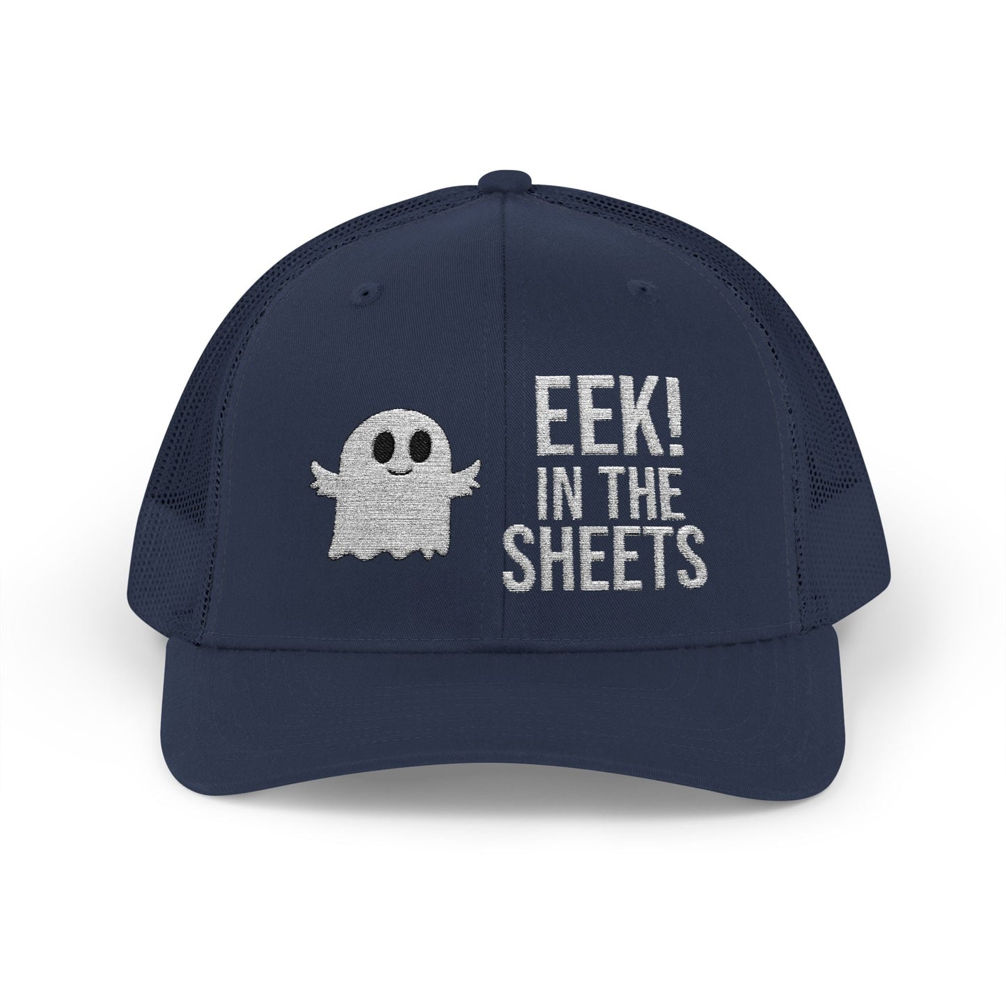 Eek in the Sheets Ghost Hat – Cute Halloween Pun Snapback Trucker Cap – Navy Hats by Printify