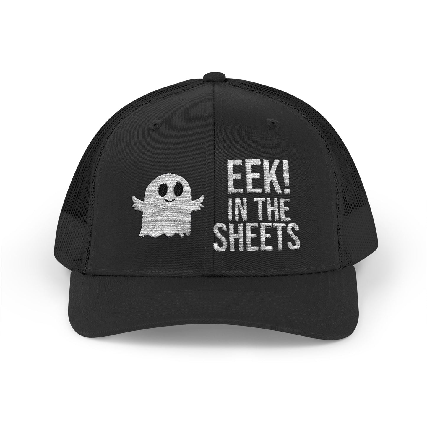 Eek in the Sheets Ghost Hat – Cute Halloween Pun Snapback Trucker Cap – Black Hats by Printify