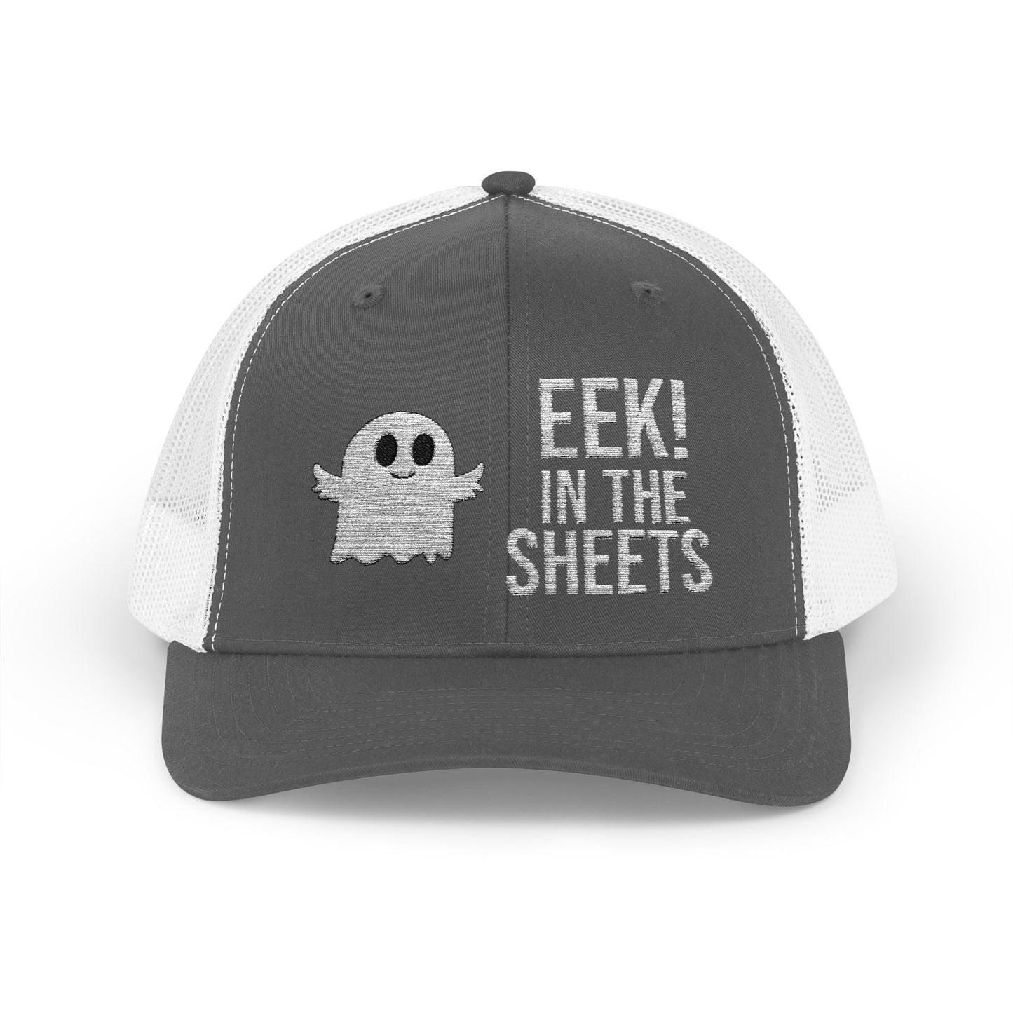Eek in the Sheets Ghost Hat – Cute Halloween Pun Snapback Trucker Cap – Charcoal / White Hats by Printify