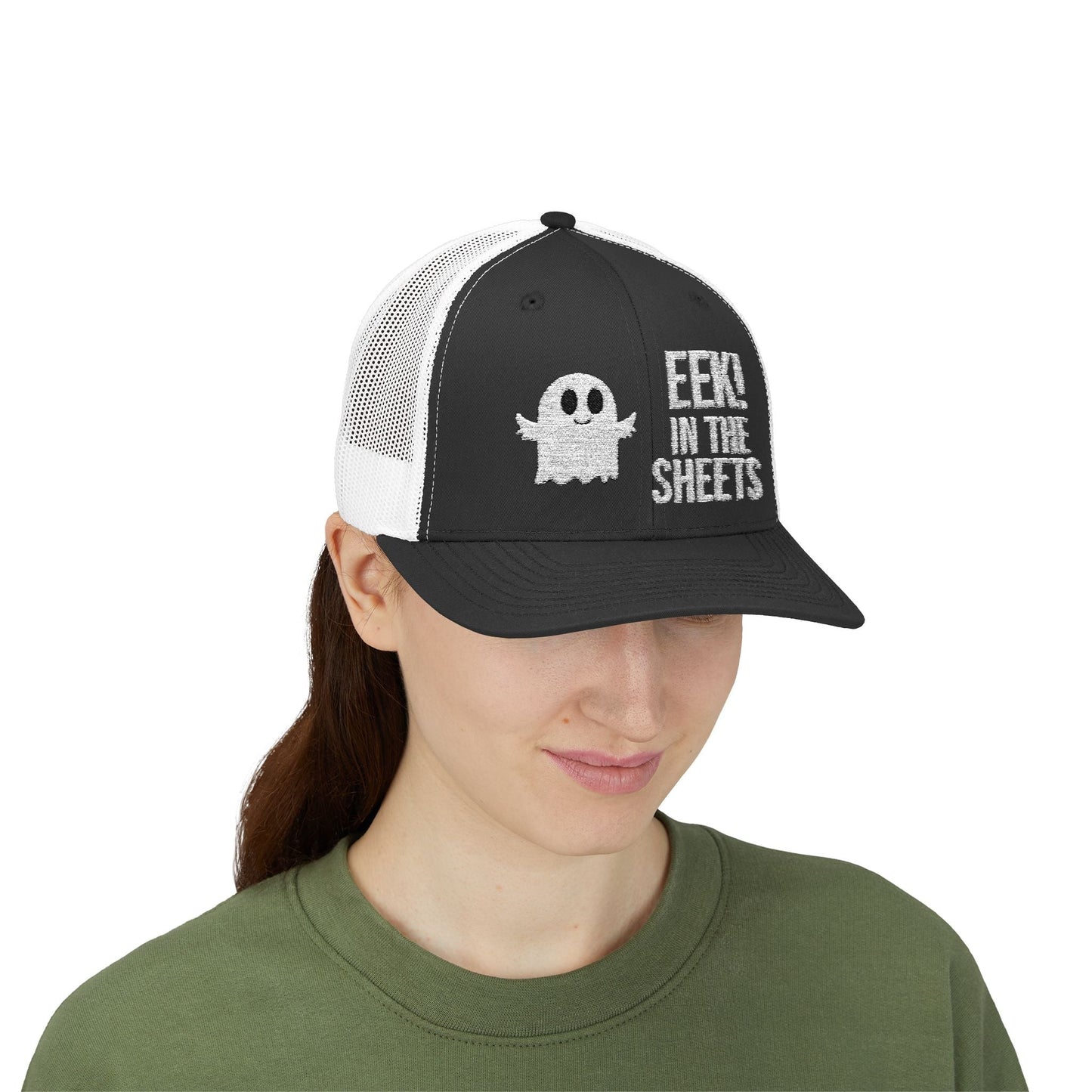 Eek in the Sheets Ghost Hat – Cute Halloween Pun Snapback Trucker Cap – Black / White Hats by Printify