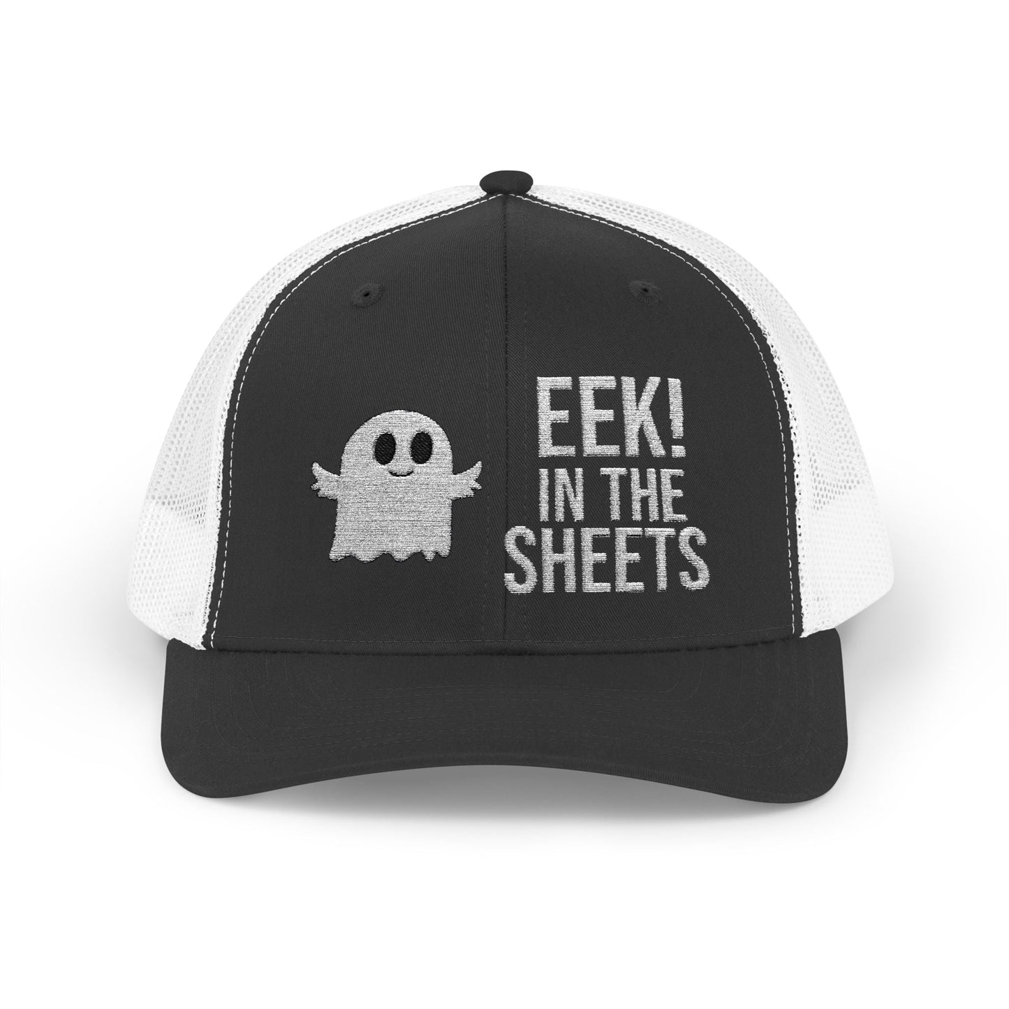 Eek in the Sheets Ghost Hat – Cute Halloween Pun Snapback Trucker Cap – Black / White Hats by Printify
