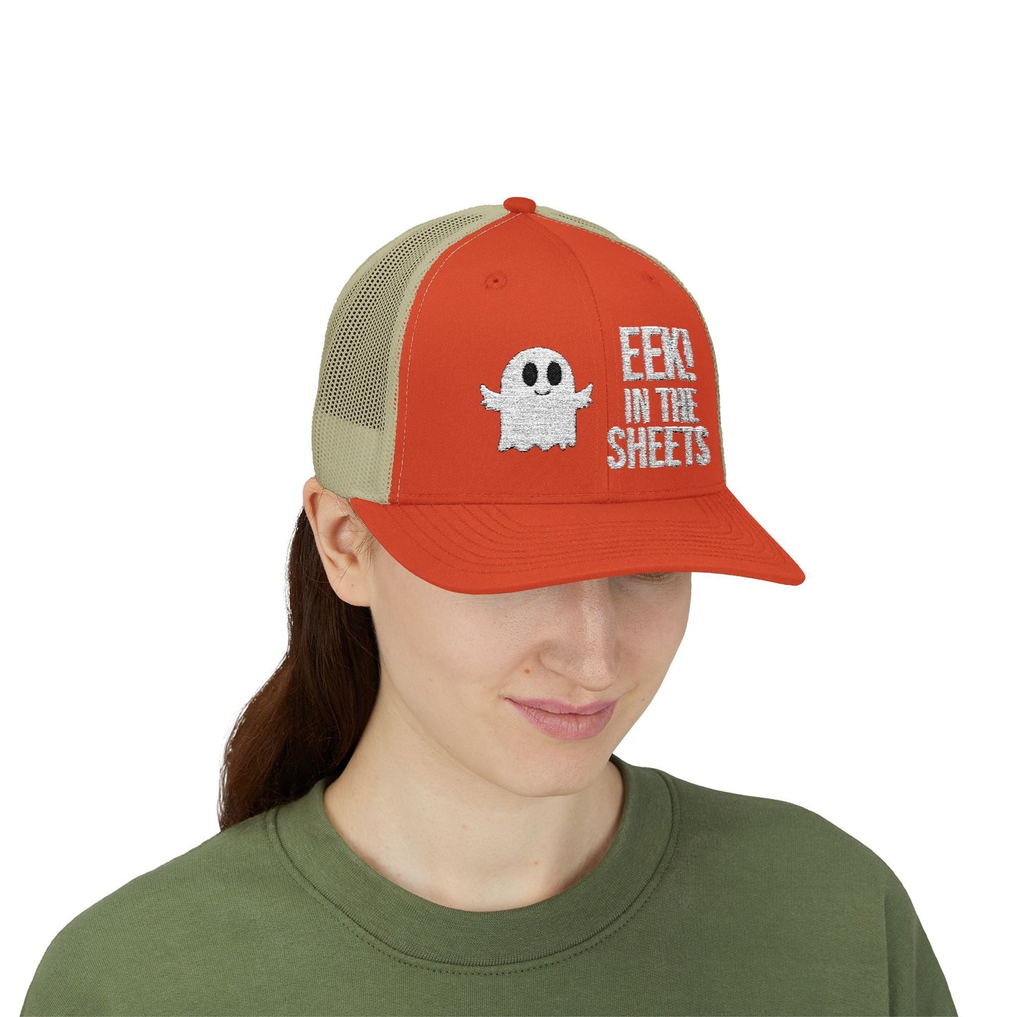 Eek in the Sheets Ghost Hat – Cute Halloween Pun Snapback Trucker Cap – Rustic Orange / Khaki Hats by Printify