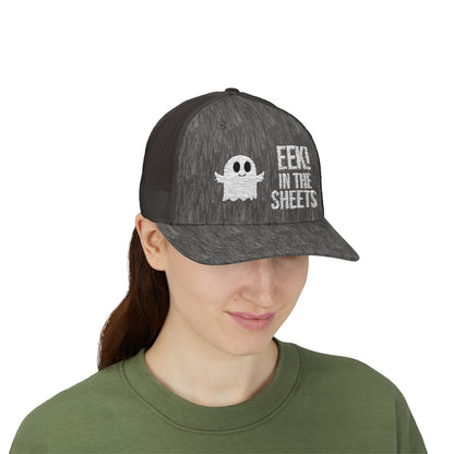 Eek in the Sheets Ghost Hat – Cute Halloween Pun Snapback Trucker Cap – Dark Heather Grey Hats by Printify