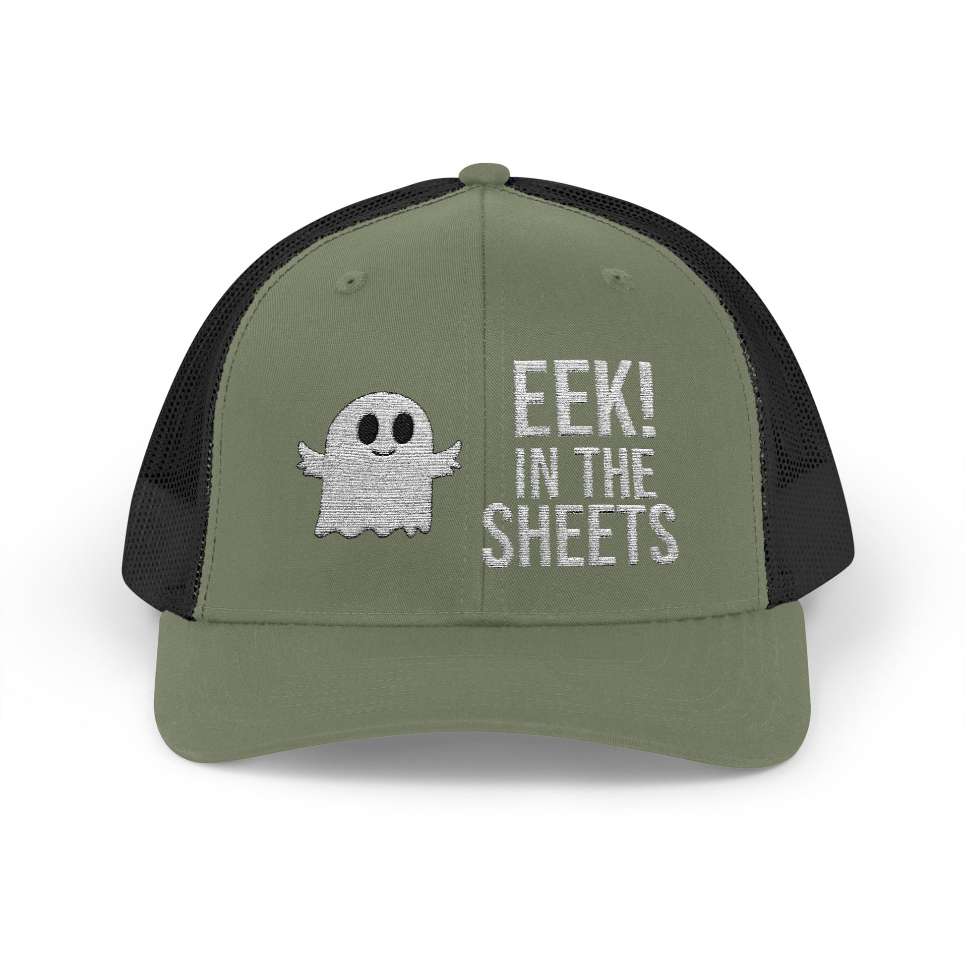 Eek in the Sheets Ghost Hat – Cute Halloween Pun Snapback Trucker Cap – Heather Grey / Black Hats by Printify