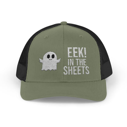 Eek in the Sheets Ghost Hat – Cute Halloween Pun Snapback Trucker Cap – Heather Grey / Black Hats by Printify