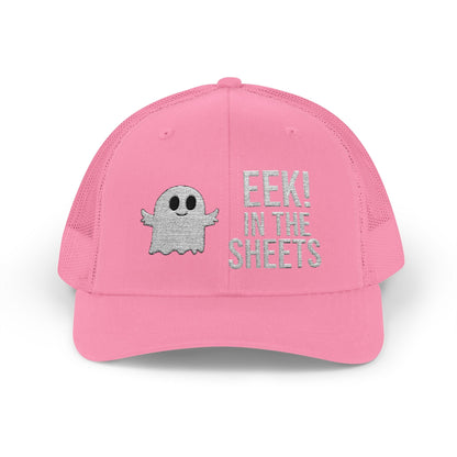 Eek in the Sheets Ghost Hat – Cute Halloween Pun Snapback Trucker Cap – Pink Hats by Printify