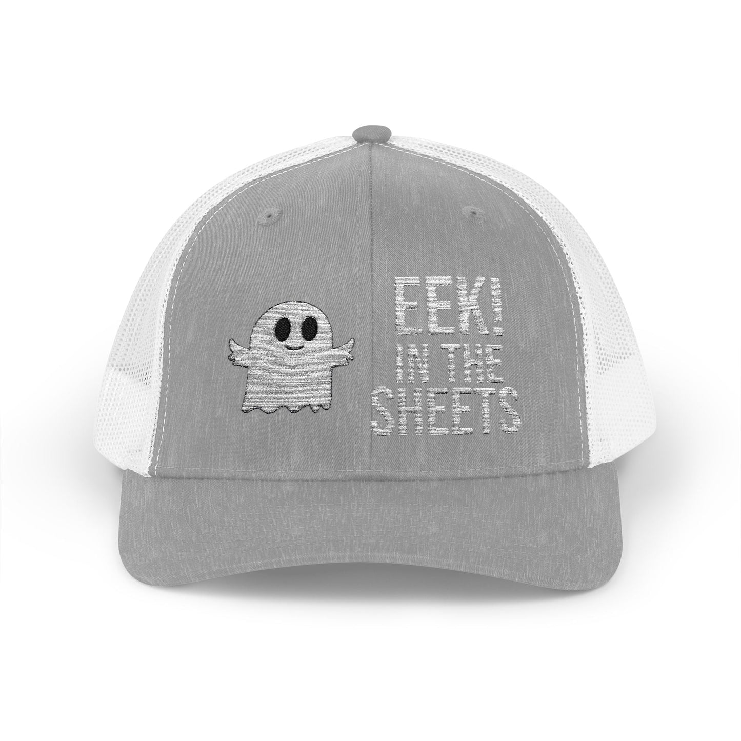 Eek in the Sheets Ghost Hat – Cute Halloween Pun Snapback Trucker Cap – Heather Grey / White Hats by Printify