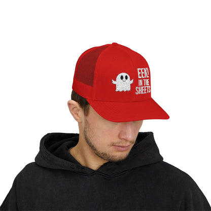 Eek in the Sheets Ghost Hat – Cute Halloween Pun Snapback Trucker Cap – Red Hats by Printify