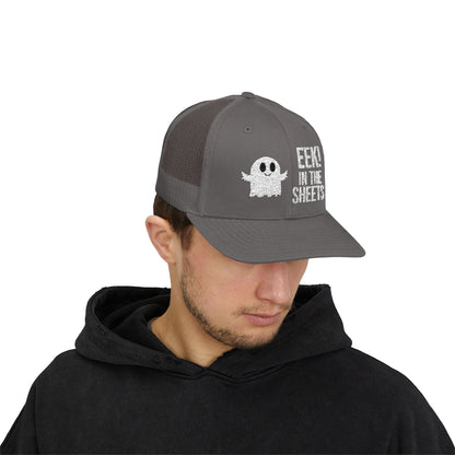 Eek in the Sheets Ghost Hat – Cute Halloween Pun Snapback Trucker Cap – Charcoal Hats by Printify