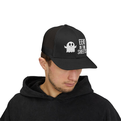 Eek in the Sheets Ghost Hat – Cute Halloween Pun Snapback Trucker Cap – Black Hats by Printify