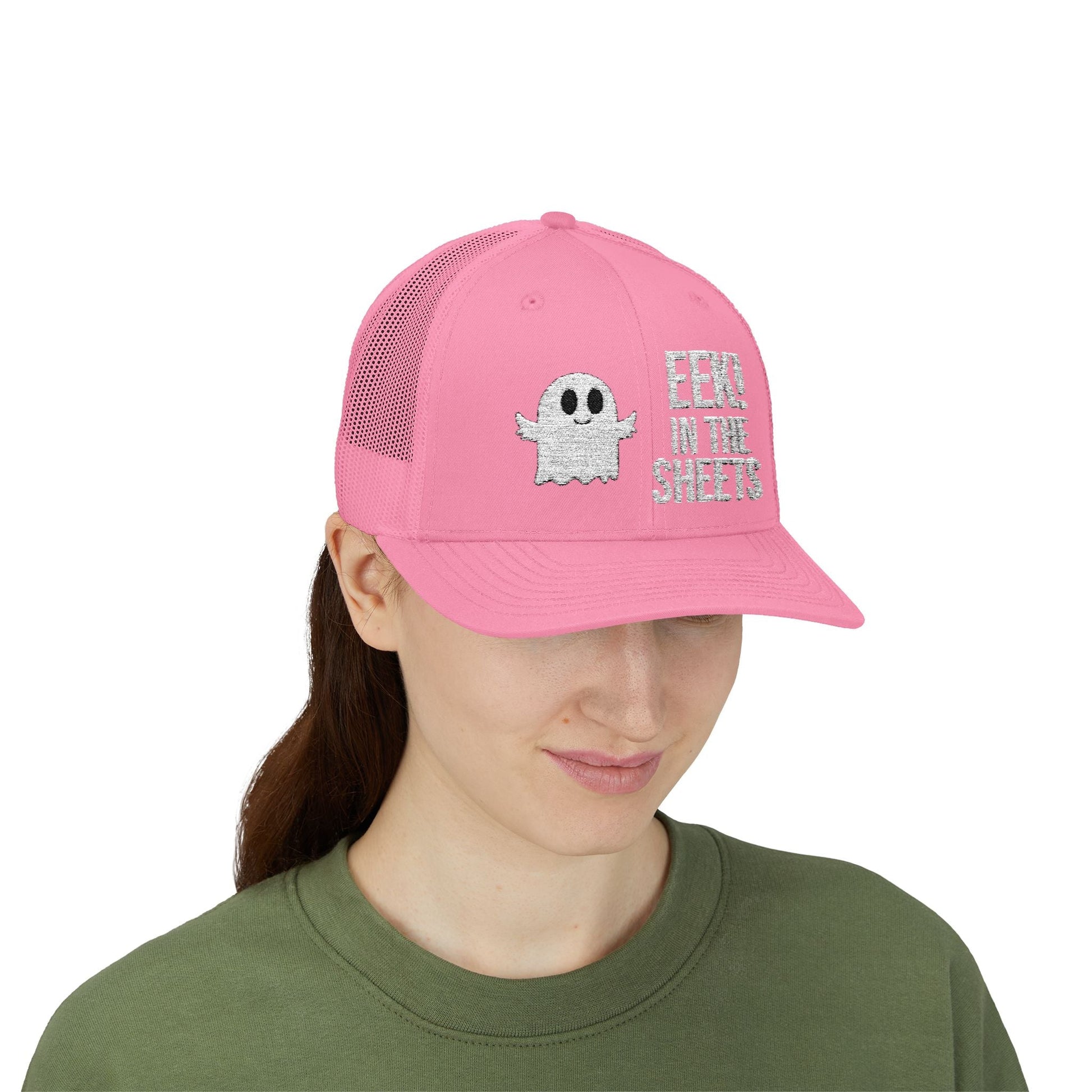 Eek in the Sheets Ghost Hat – Cute Halloween Pun Snapback Trucker Cap – Pink Hats by Printify