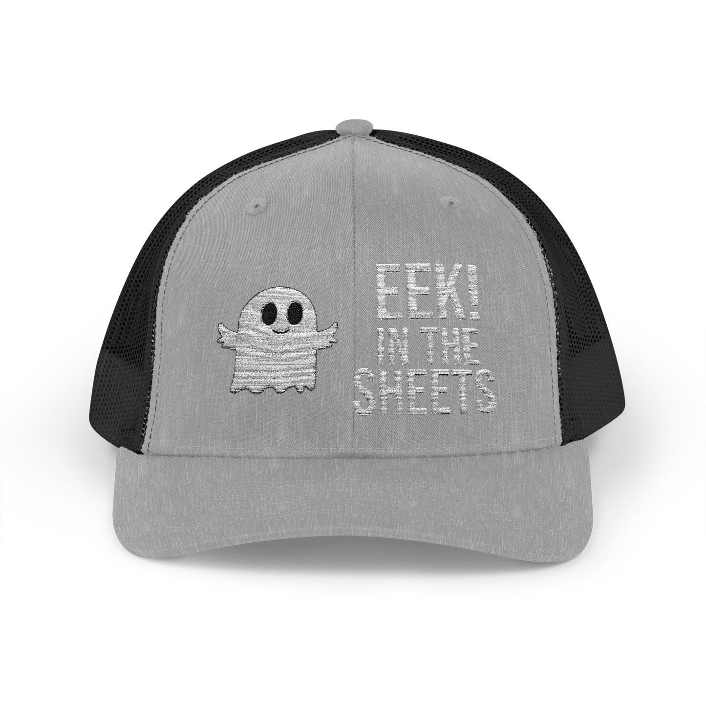 Eek in the Sheets Ghost Hat – Cute Halloween Pun Snapback Trucker Cap – Heather Grey / Black Hats by Printify