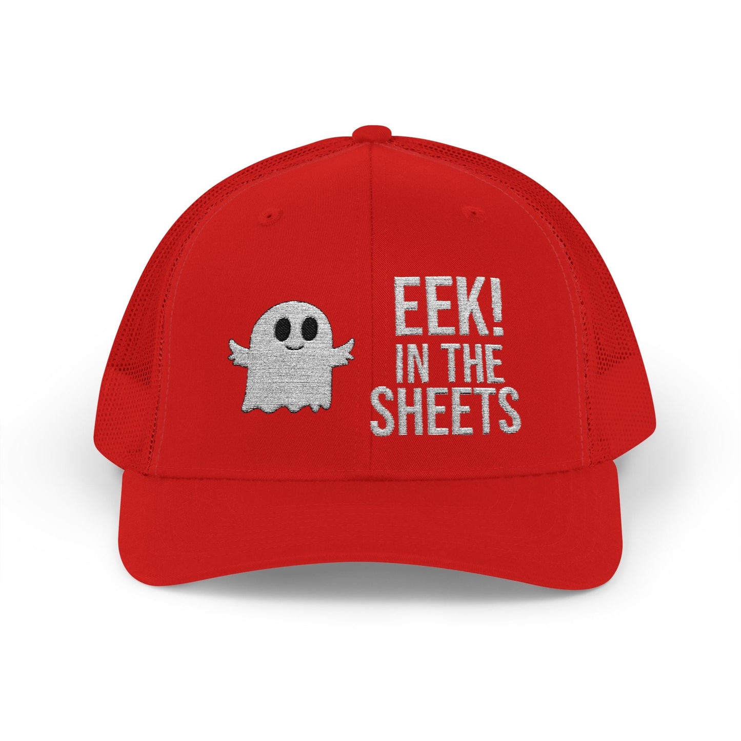 Eek in the Sheets Ghost Hat – Cute Halloween Pun Snapback Trucker Cap – Red Hats by Printify