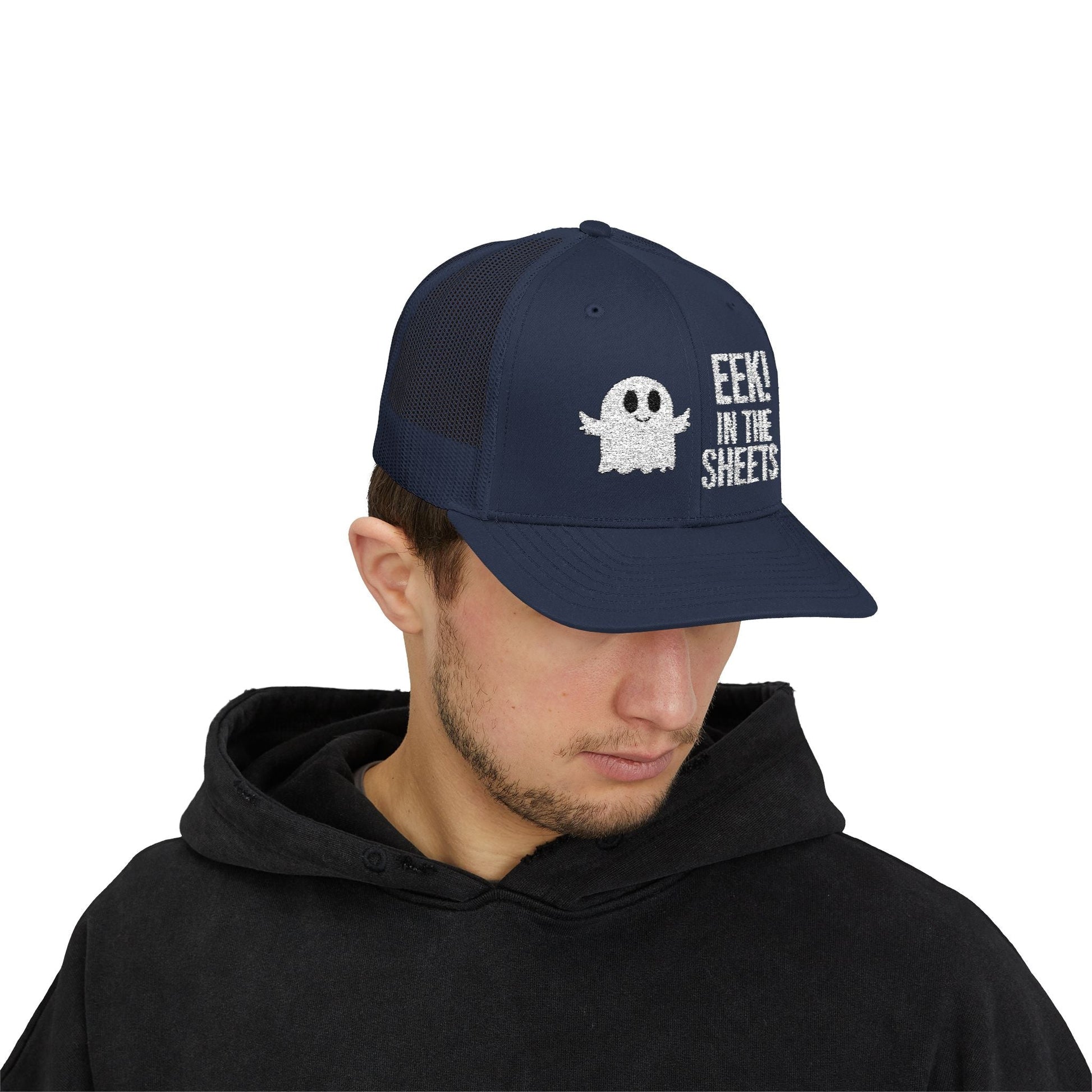 Eek in the Sheets Ghost Hat – Cute Halloween Pun Snapback Trucker Cap – Navy Hats by Printify