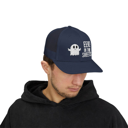 Eek in the Sheets Ghost Hat – Cute Halloween Pun Snapback Trucker Cap – Navy Hats by Printify