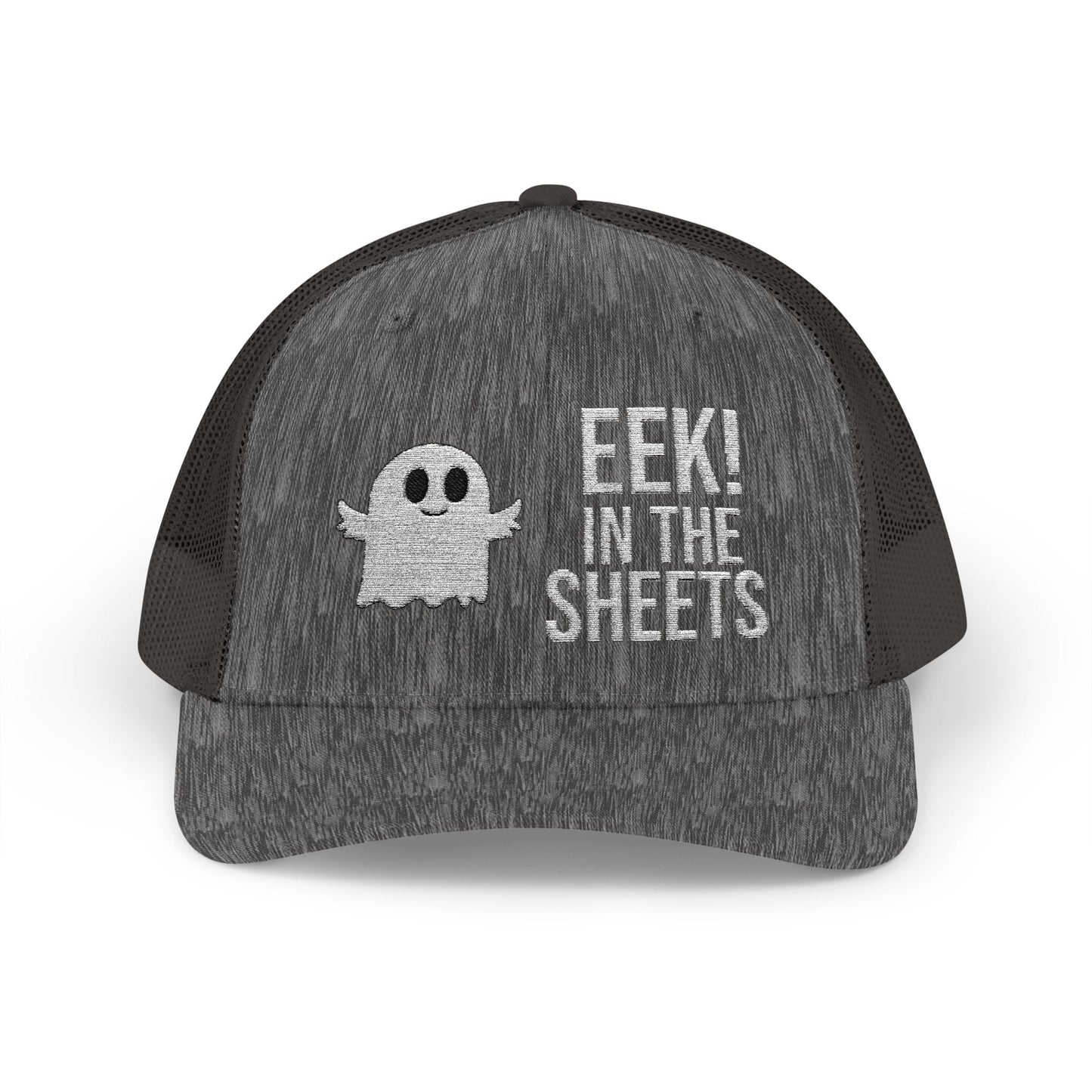 Eek in the Sheets Ghost Hat – Cute Halloween Pun Snapback Trucker Cap – Dark Heather Grey Hats by Printify