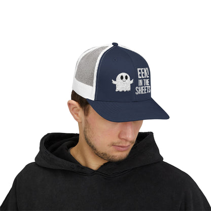 Eek in the Sheets Ghost Hat – Cute Halloween Pun Snapback Trucker Cap – Navy / White Hats by Printify