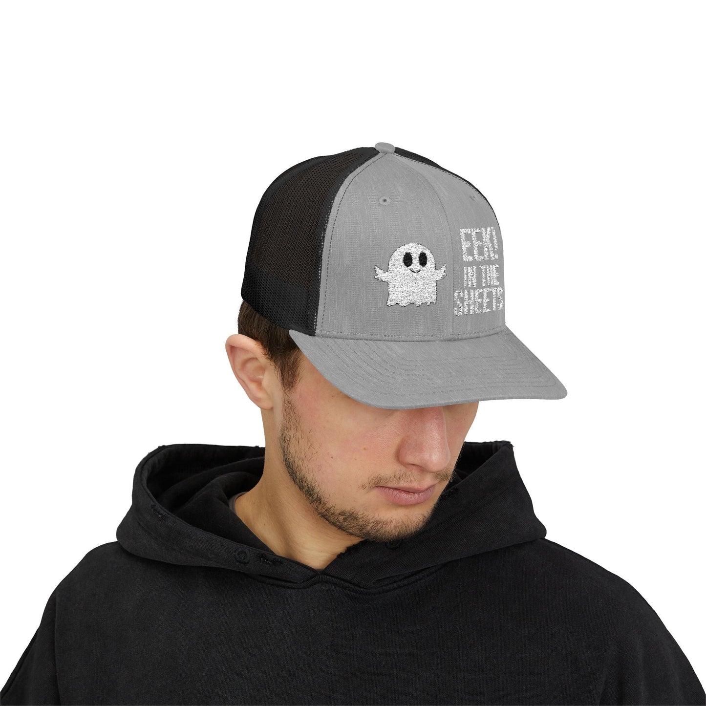 Eek in the Sheets Ghost Hat – Cute Halloween Pun Snapback Trucker Cap – Heather Grey / Black Hats by Printify