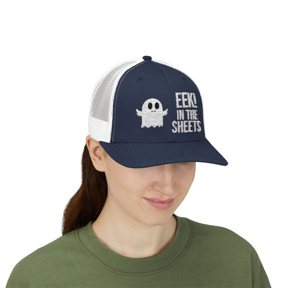 Eek in the Sheets Ghost Hat – Cute Halloween Pun Snapback Trucker Cap – Navy / White Hats by Printify