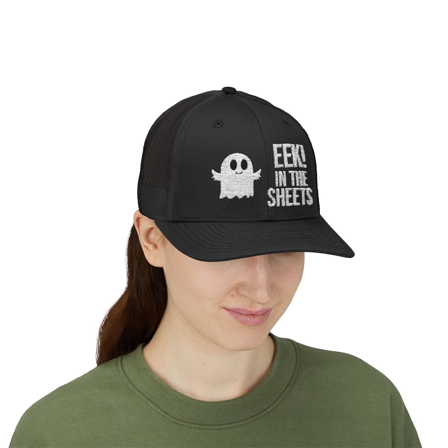 Eek in the Sheets Ghost Hat – Cute Halloween Pun Snapback Trucker Cap – Black Hats by Printify
