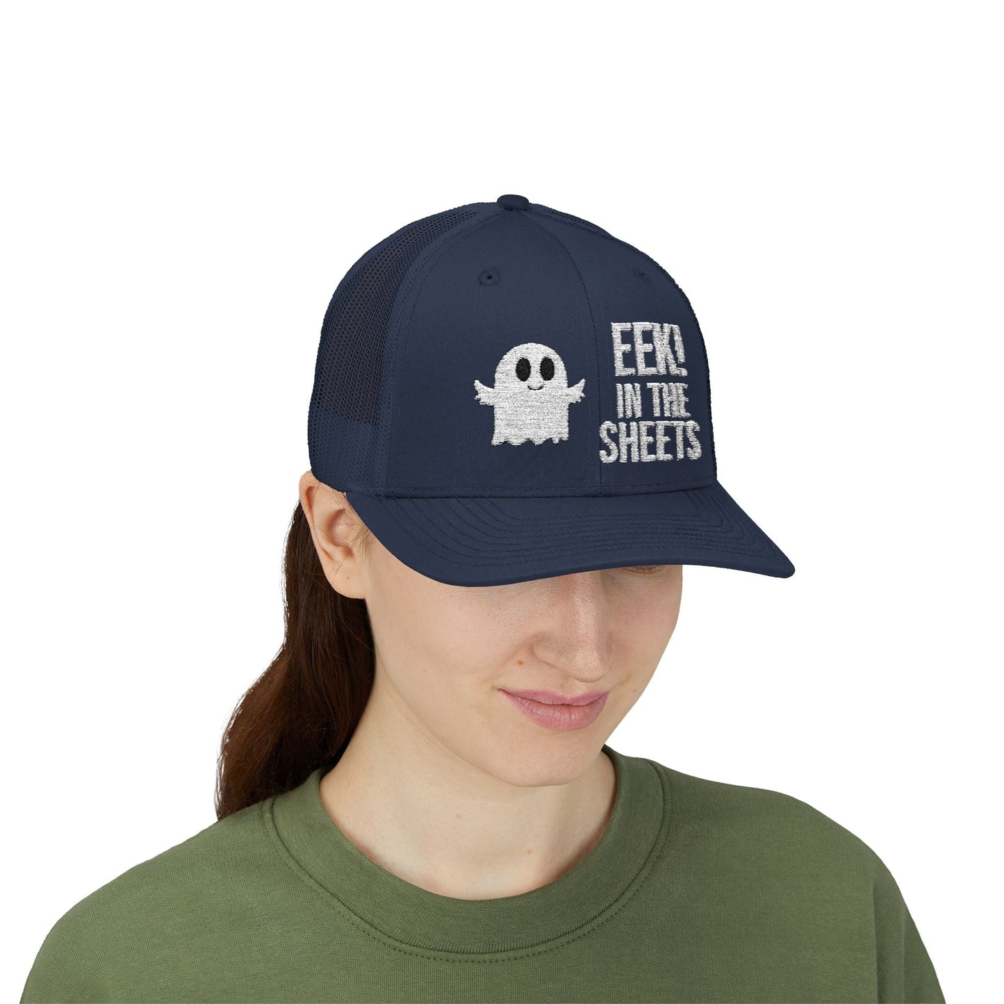 Eek in the Sheets Ghost Hat – Cute Halloween Pun Snapback Trucker Cap – Navy Hats by Printify
