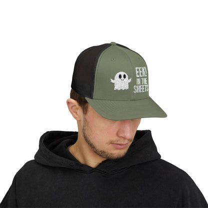 Eek in the Sheets Ghost Hat – Cute Halloween Pun Snapback Trucker Cap – Heather Grey / Black Hats by Printify