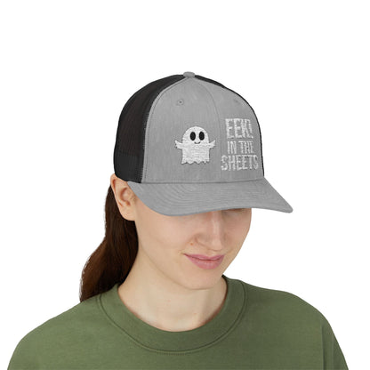 Eek in the Sheets Ghost Hat – Cute Halloween Pun Snapback Trucker Cap – Heather Grey / Black Hats by Printify
