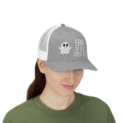Eek in the Sheets Ghost Hat – Cute Halloween Pun Snapback Trucker Cap – Heather Grey / White Hats by Printify