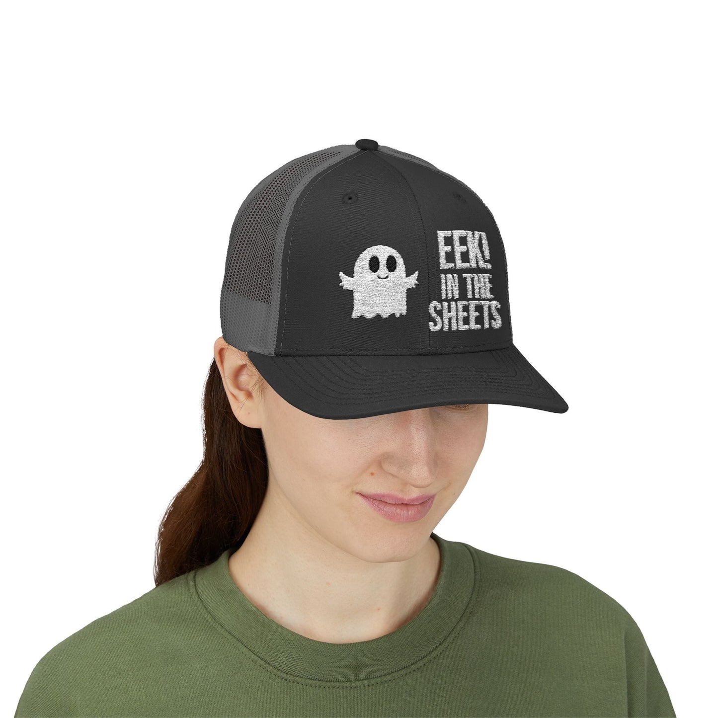 Eek in the Sheets Ghost Hat – Cute Halloween Pun Snapback Trucker Cap – Black Hats by Printify