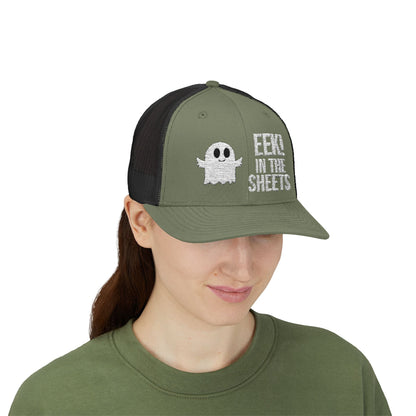 Eek in the Sheets Ghost Hat – Cute Halloween Pun Snapback Trucker Cap – Heather Grey / Black Hats by Printify