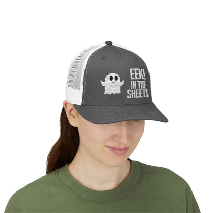 Eek in the Sheets Ghost Hat – Cute Halloween Pun Snapback Trucker Cap – Charcoal / White Hats by Printify