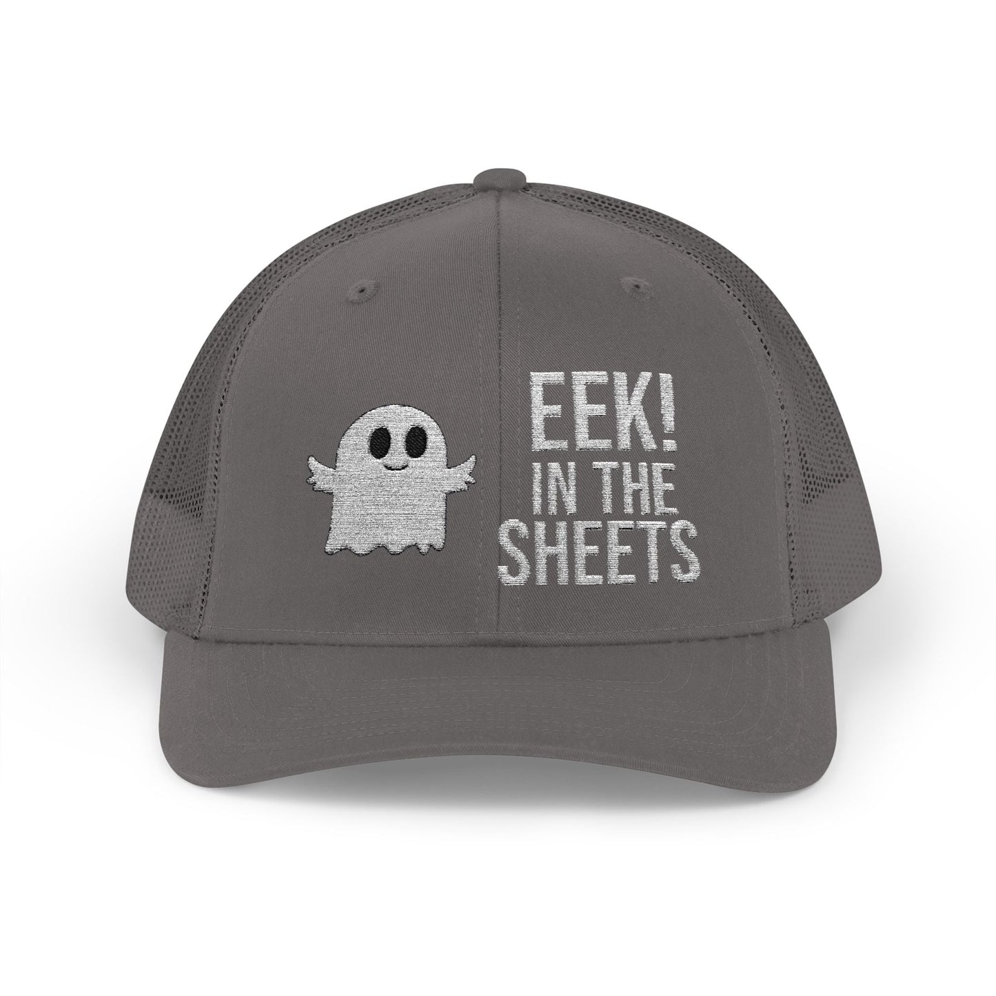 Eek in the Sheets Ghost Hat – Cute Halloween Pun Snapback Trucker Cap – Charcoal Hats by Printify